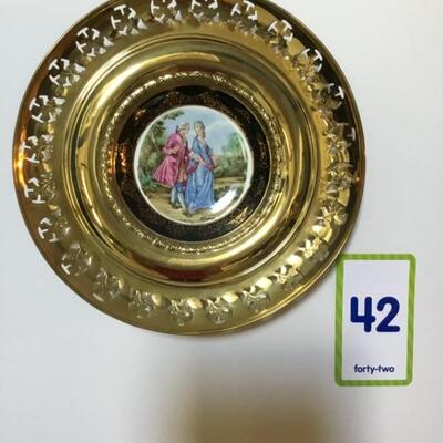 #42 Hand painted plate with Brass frame.  12" round.  Priced at $25