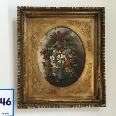 #46 Original Floral on Canvas by VanThoren.  Frame measures 16" x 18". Priced at $250