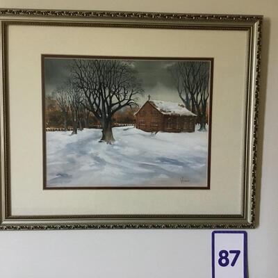 #87 Original Watercolor by Bill Venables.  Cabin in snowy woods.  22" x 18" Priced at $125