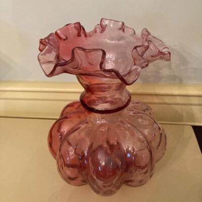 Cranberry 7.5" tall ruffled vase.  Priced at $75.