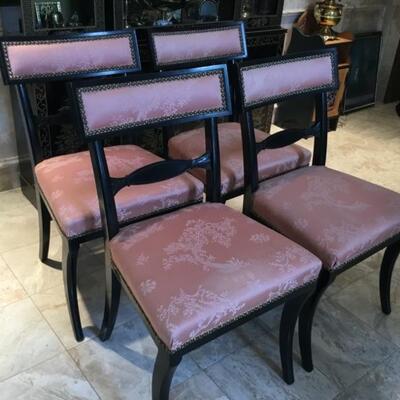 Set of four side chairs with pink upholstery. Nail head details on top back.  Set of 4 priced at $295.