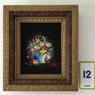 #12 Victorian Floral Painted on Velvet.  Frame Measures 13" x 15". Priced at $95