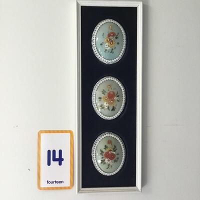 #14 Framed Hand Painted Floral on Oval Glass. Measures 6" w x 16.5" long.  Framed Floral Ovals.  Priced at $65