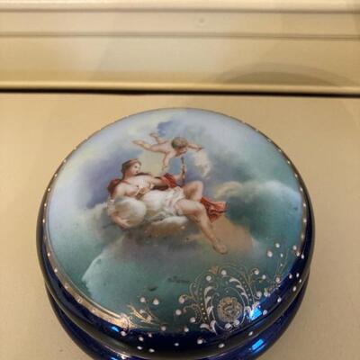 Cobalt Blue trinket box with hand painted lid.   Priced at $55