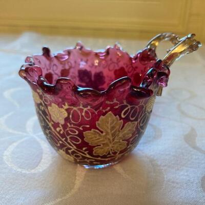 Cranberry nut dish with gold overlay.  Priced at $65