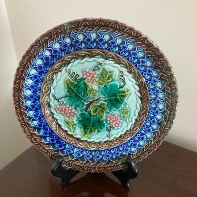 Beautifully detailed majolica plate.  Unusual rich blue colors.  Priced at $75
