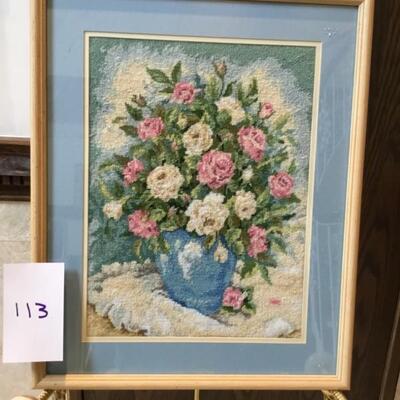 #113 Needlepoint Floral in blue vase. 17