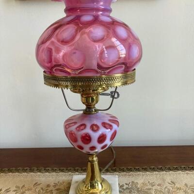 Brass and cranberry glass converted oil lamp.  Coin Dot pattern.  Priced at $125.