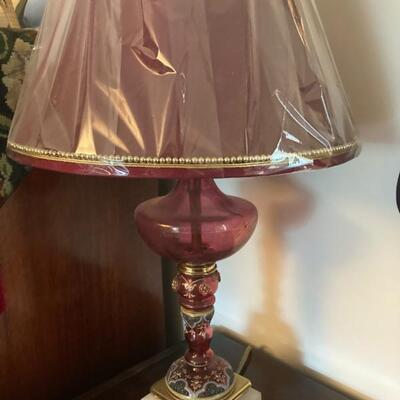 Beautifully detailed Cranberry lamp with gold filigree. Marble base.  Custom shade. Priced at $135.
