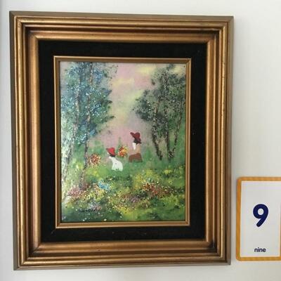 #9 Enamel on Copper by Cardin.  Frame Measures 13" x 14".  Two Girls with Red Hats". Priced at $75