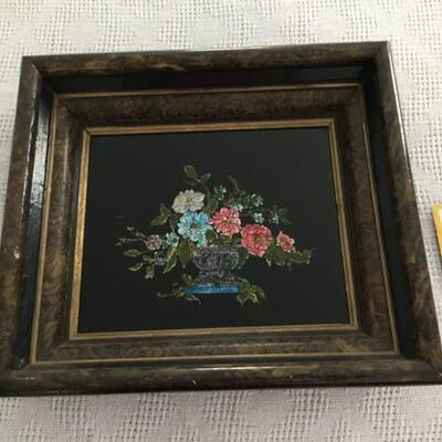 #23 Reflective flowers (foil?) on black fabric.  17" x 15" Priced at $35