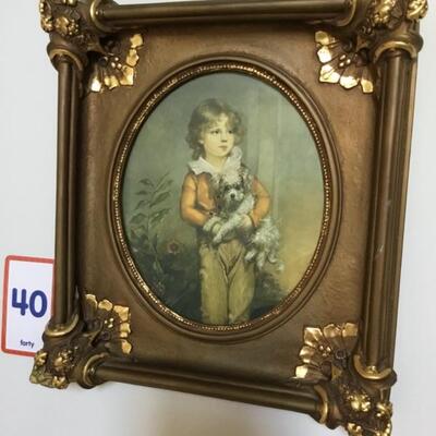 #40 Boy with Dog.  Ornate Vintage Frame 16" x 17" Priced at $120