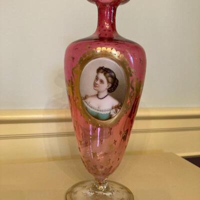 7" Cranberry bud vase with handprinted portrait.  Priced at $85