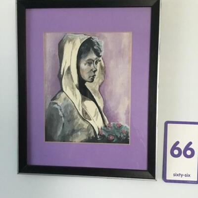 #66 Original by Laurel Native William "Bill" Venables. Frame measures 12" x 15". Woman Holding Bouquet.  Priced at...