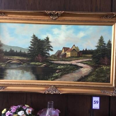 #59 Vintage Bridge over water scene.  Frame measures 32" x 58" signed Samantha.  Priced at $55.