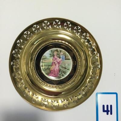 #41 Hand painted plate in Brass Frame.  12" round.  Priced at $25