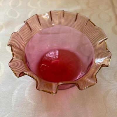 Small cranberry nut dish with gold overlay on ruffled edge.  Priced at $45.