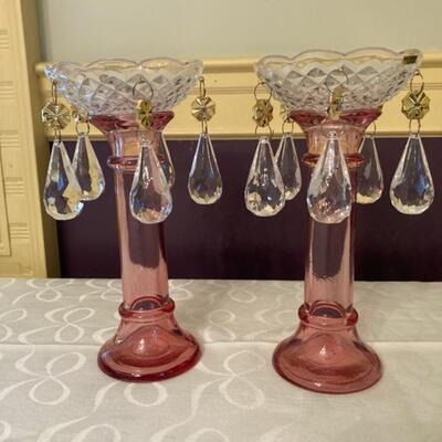 7" Cranberry Candlesticks with bobeches & crystals Priced at $65