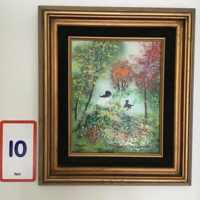 #10 Enamel on Copper by Cardin.  Frame measures  13" x 14".   "Girl with Dog". Priced at $75