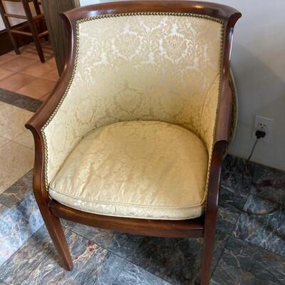Lovely wood framed side chair with pale yellow upholstery.  Works in any room of the house.  Priced at $65