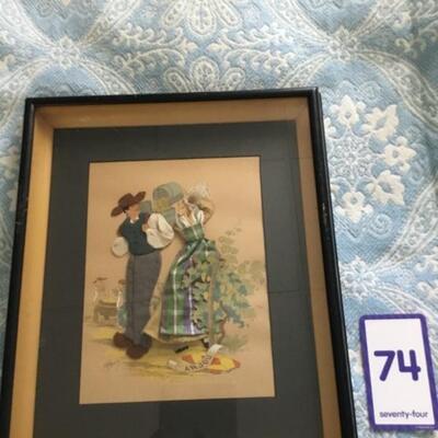 #74 Very unusual fabric art creates 3 D images of Couple.  This is one of two.  This one is Entitled "Anjou" . Frame measures...