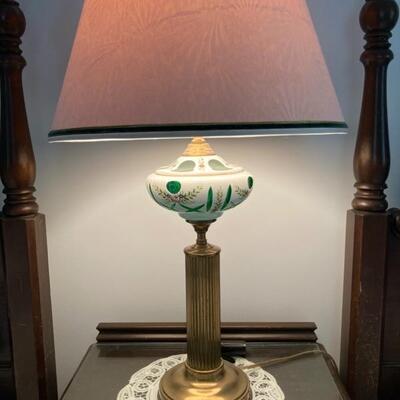 Beautiful Brass & Green & Milk glass lamp with custom shade.  Priced at $125