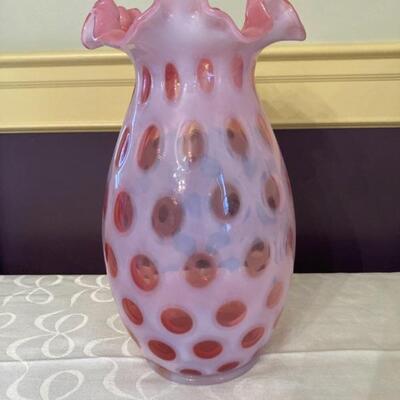 9" tall cranberry coin dot vase.  Priced at $85