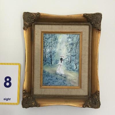 #8 Enamel on Copper by Galison.  Frame measures 9' x 11'  "Girl with Parasol". Priced at $75.00