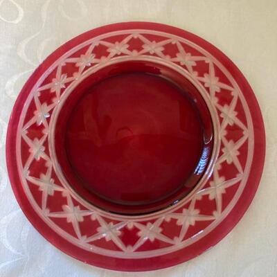 8" round cranberry plate cut to clear.  Priced at $45