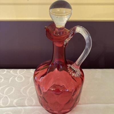 Hand blown cranberry cruet with clear stopper.  Priced at $75