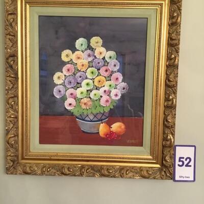 #52 Original Floral by Laurel Native William "Bill" Venables, Jr. Frame measures 23" x 25.5". Floral with Pears....