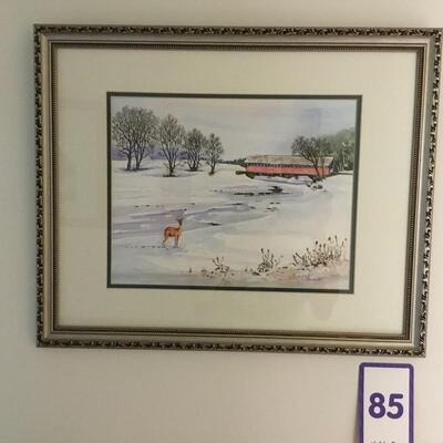 #85 Original Watercolor by Bill Venables.  Deer with covered bridge. Priced at $125