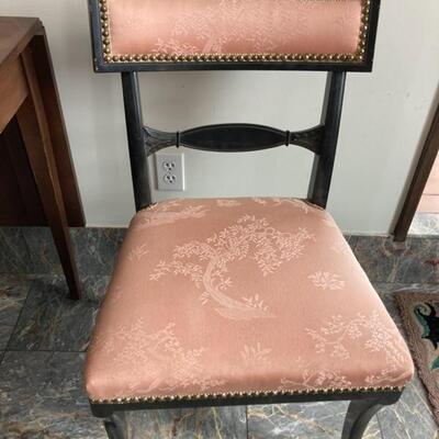 This chair is part of a set of 4.  Upholstered with lovely pink brocade (some wear).  Solid chairs.  Priced at $295 for the set of 4
