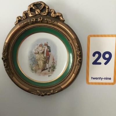 #29 Framed Victorian Hand Painted Porcelain Plate. Man & Children. Priced at $45