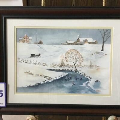 #95 Original Watercolor by Bill Venables.  Kids skating on River.  28.5" x 22.5" Priced at $125