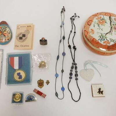 1330	LOT OF JEWELRY & MISC ITEMS, INCLUDES MEDALS, POTTERY MUSICAL INSTRUMENT, ETC
