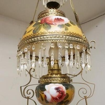 1157	VICTORIAN FLORAL PAINTED HANGING LAMP W/ ORIGINAL MATCHING ELECTRIFIED SHADE
