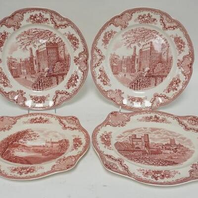 1013	4 JOHNSON BROS RED TRANSFER PLATES. ROUND PLATES ARE 12 IN 
