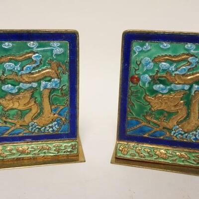1251	2 BRASS ENAMLED CHINESE BOOKENDS, 5 1/2 IN H 
