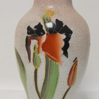 1190	TALL VASE W/ IRIS DECORATION MARKED *ROZANE ROSEVILLE WARE POTTERY* 14 1/4 IN H 
