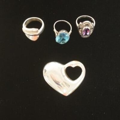 1343	4 PIECE STERLING SILVER JEWELRY, 3 RINGS & A HEART CHARM, 0.8 TOZ TOTAL WEIGHT
