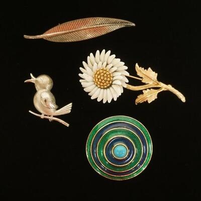 1328	4 BROOCHES: BEAUSTER LEAF PIN, FLORENZA MODERN PIN, WELLSTER BIRD PIN & A MOVEABLE DAISY
