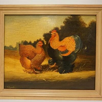 1303	OIL ON CANVAS OF ROOSTER & CHICKEN SIGNED M. LYNCH. 28 1/4 IN X 24 IN INCLUDING FRAME 

