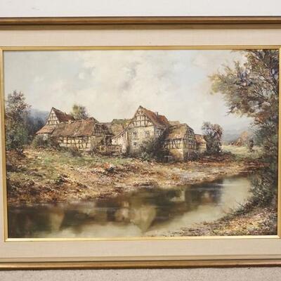 1016	H. BAUER OIL ON CANVAS, ENGLISH COUNTRY HOUSE WITH STREAM IN THE FOREGROUND. 47 1/2 IN X 35 1/2 IN INCLUDING FRAME
