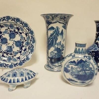 1247	LOT OF FIVE PIECES OF CONTEMPORARY ASIAN POTTERY INCLUDING A TURTLE, VASES & A 13 1/4 IN CHARGER 
