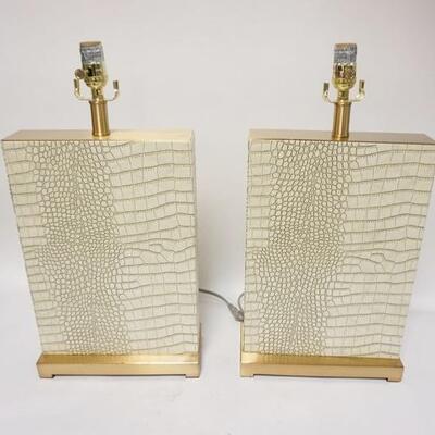 1148	PAIR OF MID CENTURY MODERN TABLE LAMPS BY SAFAVIEH, W/ A ALIGATOR FINISH & BRASS BASES
