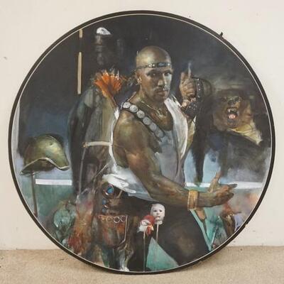 1297	LARGE ROUND OIL ON CANVAS OF A WARRIOR SIGNED COX. 56 IN DIAMETER INCLUDING FRAME
