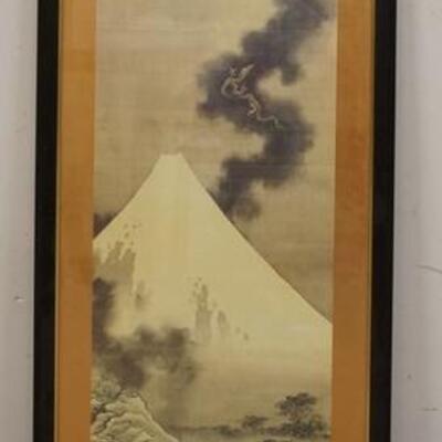 1304	SIGNED JAPANESE PRINT OF MT FUJI, PAINT LOSS ON BOTTOM OF FRAME, 17 1/2 IN X 34 1/4 IN INCLUDING FRAME
