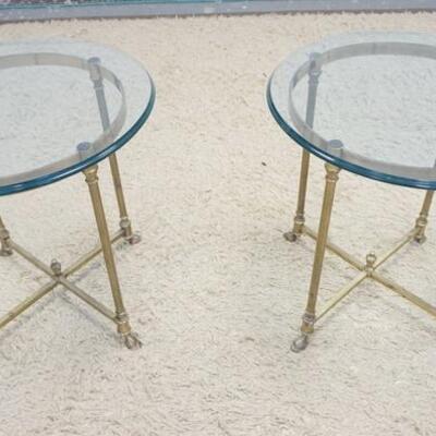 1156	PAIR OF ITALIAN BEVELED GLASS TOP  BRASS HOOFED OCASSIONAL TABLES. ONE HAS SMALL CHIP 24 IN X 24 IN H
