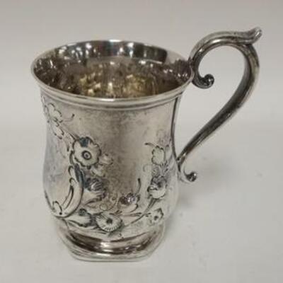 1169	JOHN L WESTERVELT SILVER CUP W/ FLORAL DECORATION. NEWBERGH NY CIRCA 1845. 3.45 TROY OUNCES. BASE IS DENTED. 4 3/8 IN H
